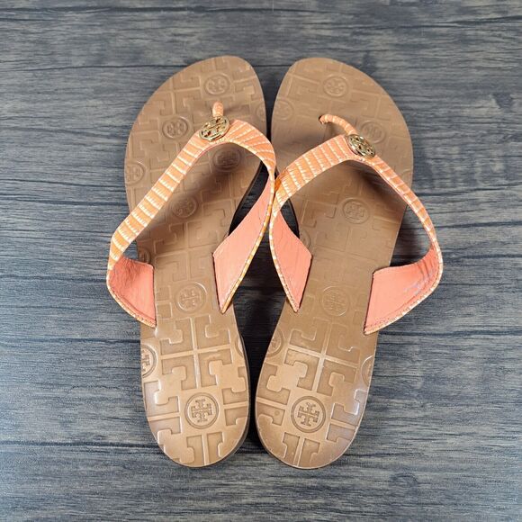 Tory Burch Thora Flip Flop Sandals Women's Sz 9 M Orange Patent Gold Logo - Picture 6 of 9